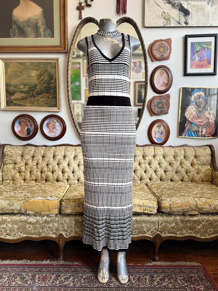Loft Black & White Ribbed V Neck Maxi Dress Size Medium