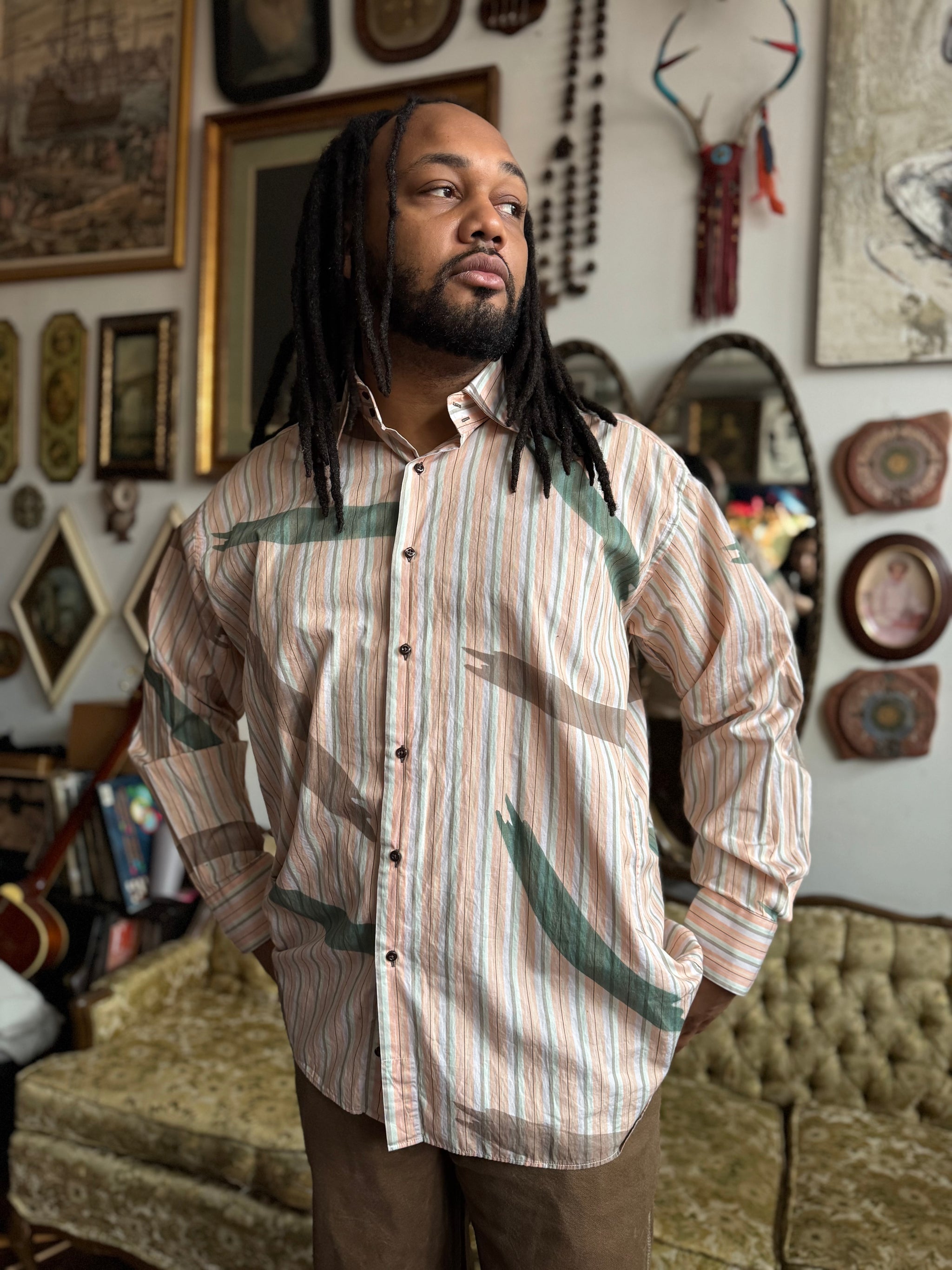 Green Coogi Button Up Shirt Coogi Striped Button Up Shirt 3XL