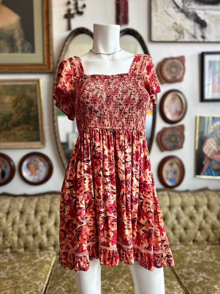 band of gypsies red floral dress Band of Gypsies maxi red floral dress short sleeve leg slit pocket EUC size S