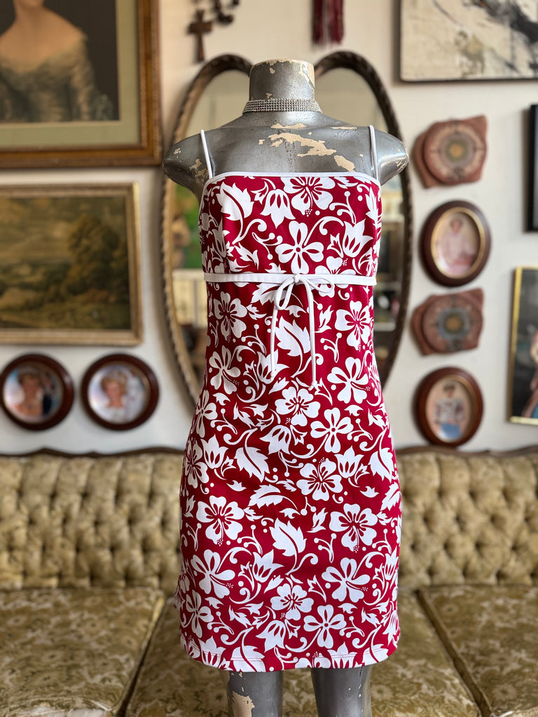 Y2K Vibrant Red and White Hibiscus Hawaiian Print Dress Large