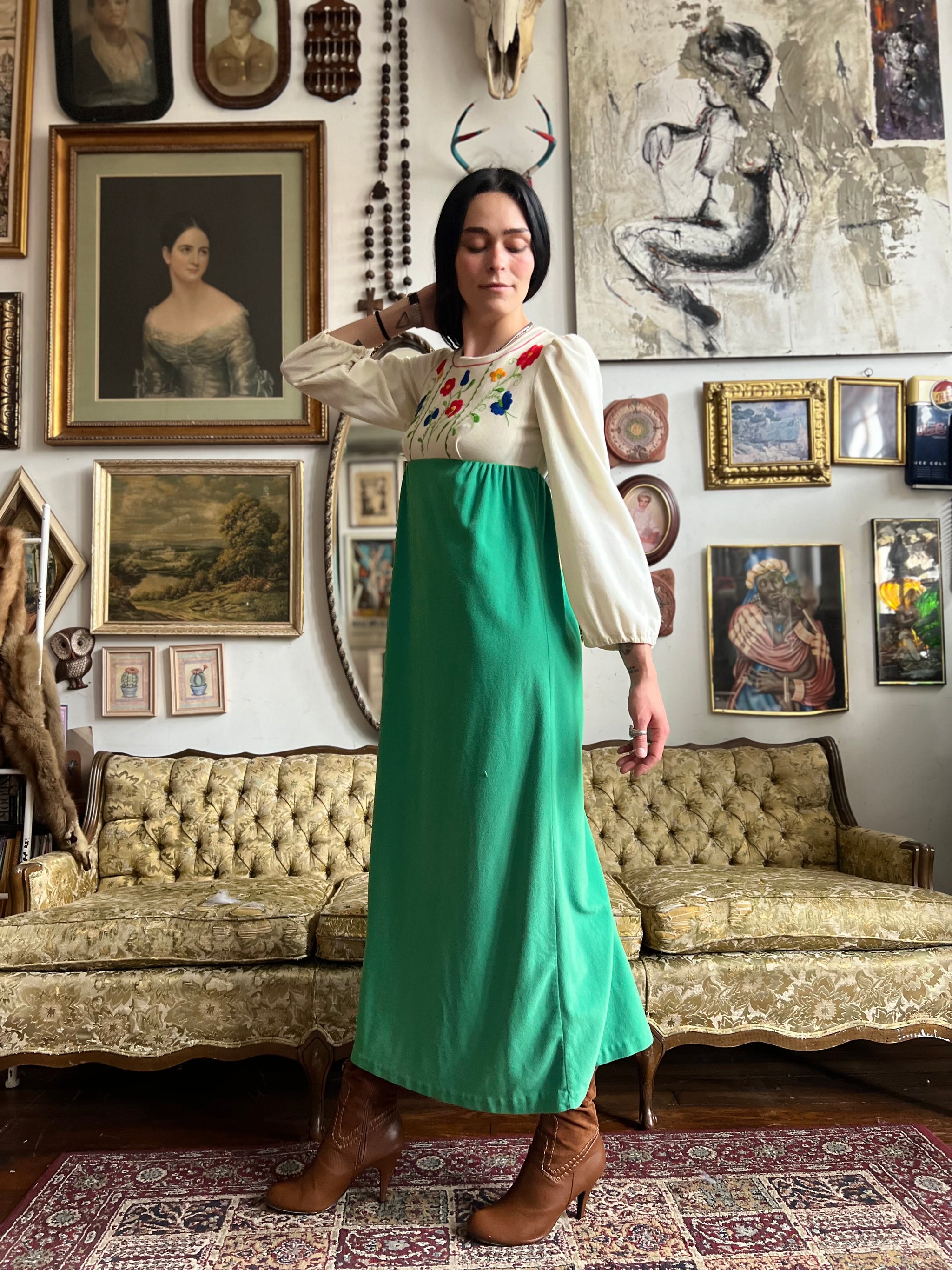 70s Embroidered Beige and Green Maxi Dress Size Small by Raymodes NY   Rumors Richmond