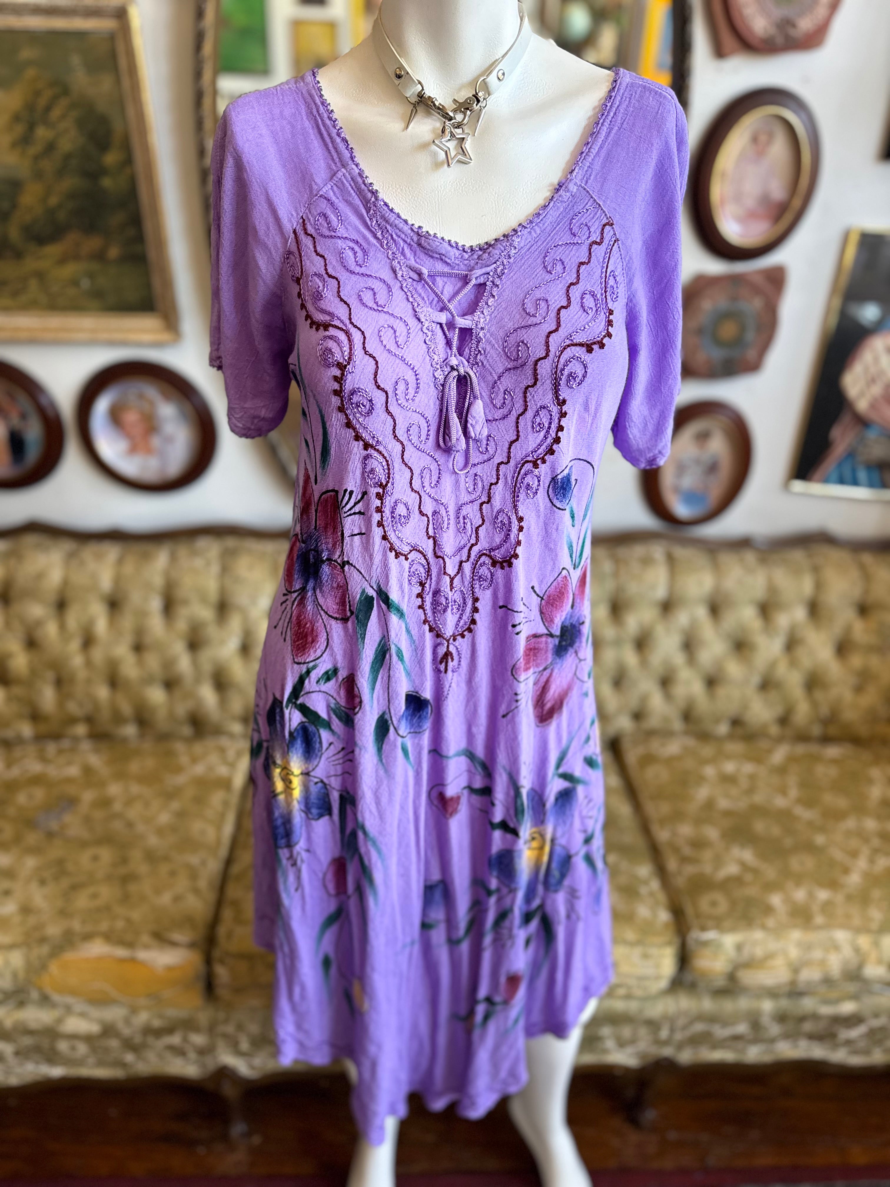 Purple Hippie Floral Painted and Embroidered Dress Size M Purple Hippie Floral Painted and Embroidered Dress Size M