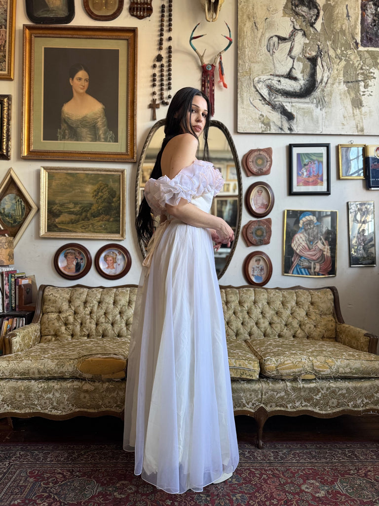 70s Vintage Off The Shoulder Ruffle Gown Size Small/26