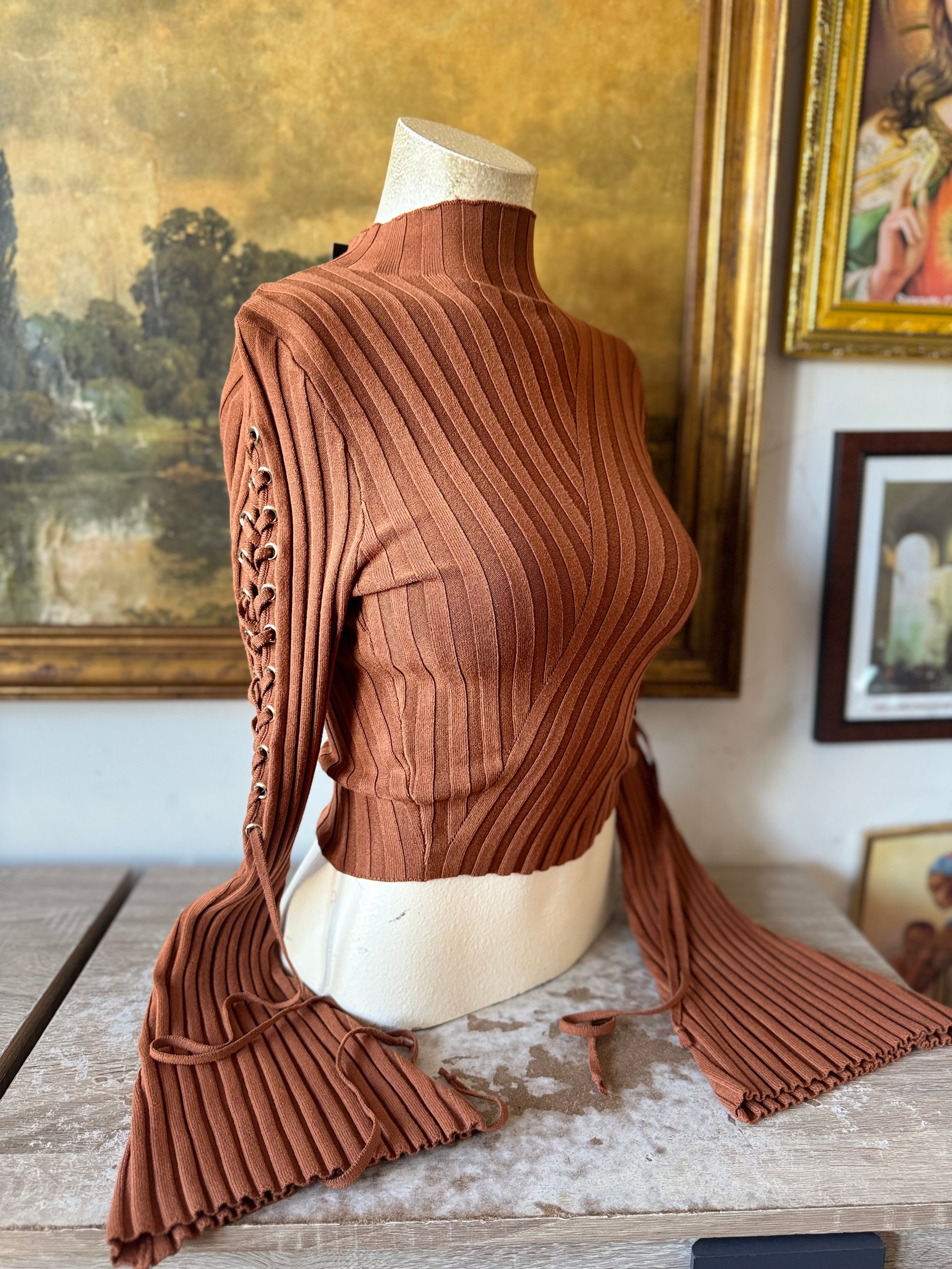 Fashion Nova Ribbed Lace Up Bell Sleeve Size M