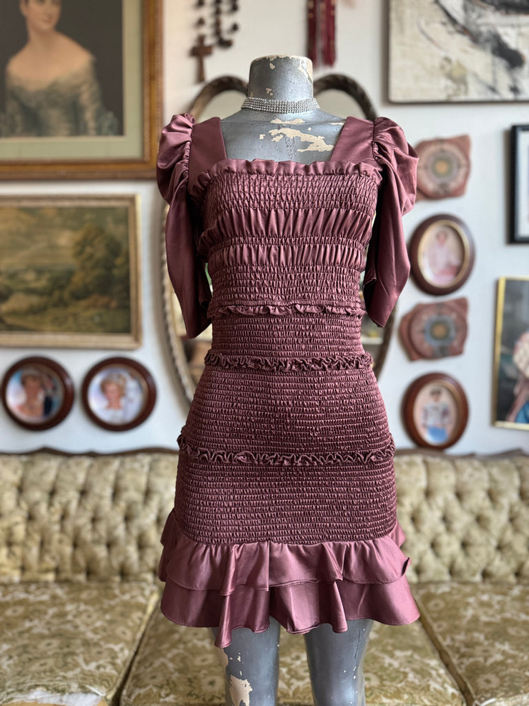 smocked ruffle mini dress Satin in Mauve Size Small size:Shoe Size: 5-8 beach riot crochet dress 96 cm (37)2XL color-honey