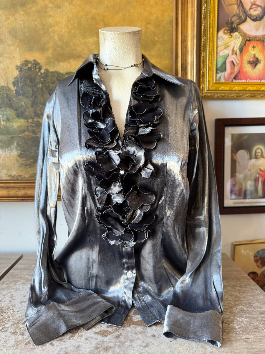 Y2k Silver Gun Metal Ruffled Low V Neck w Button Sleeves Ladies Size S ...