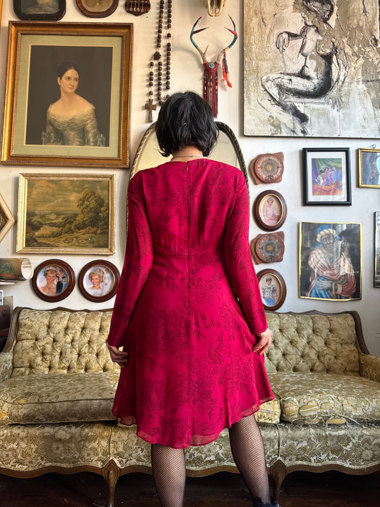 90s Red Floral Long Sleeve Vibrant Red Rayon Dress Size 4