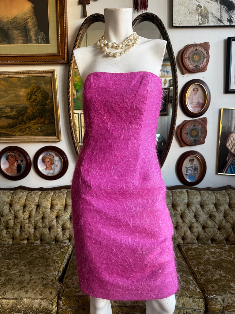 lilly pulitzer pink strapless dress 90s Hot Pink Strapless Textured Cocktail Dress Size 2/S