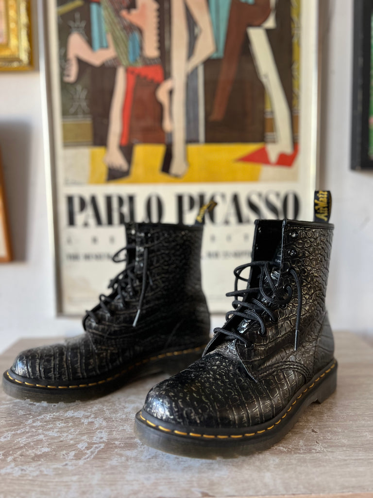 Dr. Martens 1460 Gunmetal WIld Croc Embossed Boots Black Ladies