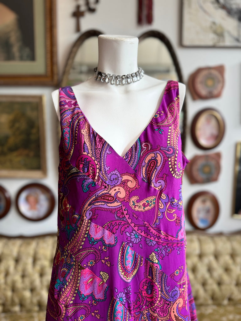 purple paisley maxi dress Long silk bohemian dress with a Paisley print in green and purple. Paisley summer dress. Ideal gift for her. Boho silk dresses. Maxi dress