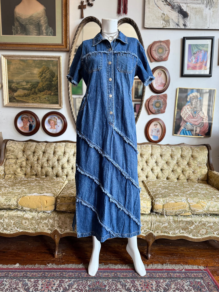 Y2K Denim Maxi Shirt Dress w Frayed Layers and Metallic Buttons Large – Rumors Richmond
