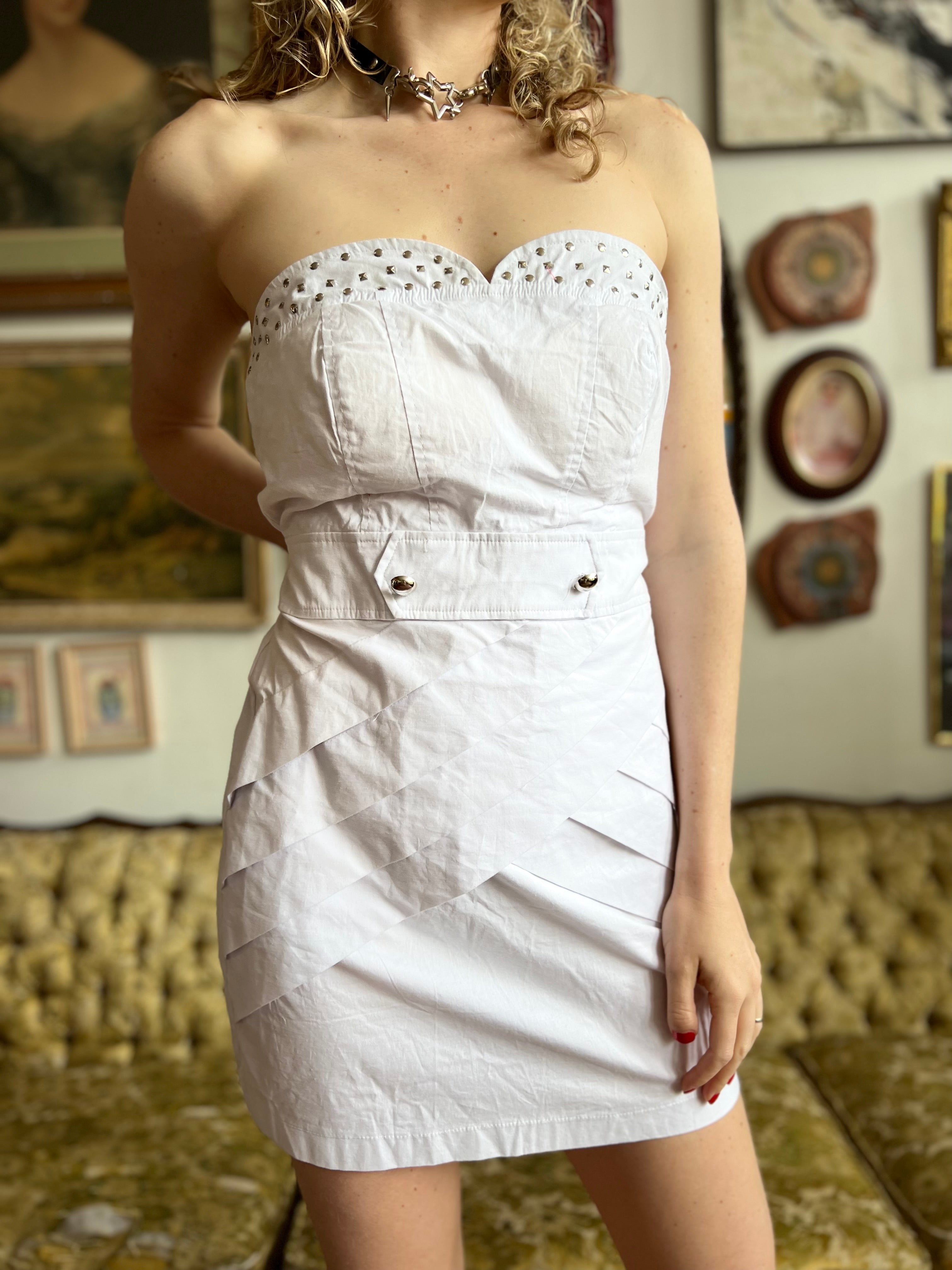 Y2K White and Silver Studded Mini Tube Dress w Textured Fabric Size Large Y2K White and Silver Studded Mini Tube Dress w Textured Fabric Size Large