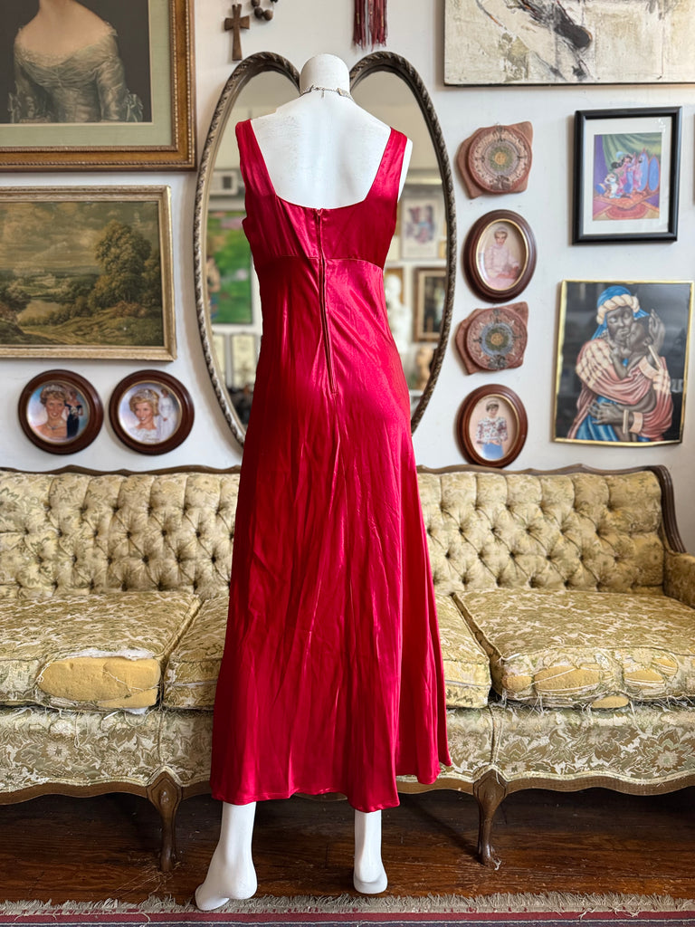 Vintage 90s Be Smart Red Velvet Rose Satin Maxi Dress Size 7/8